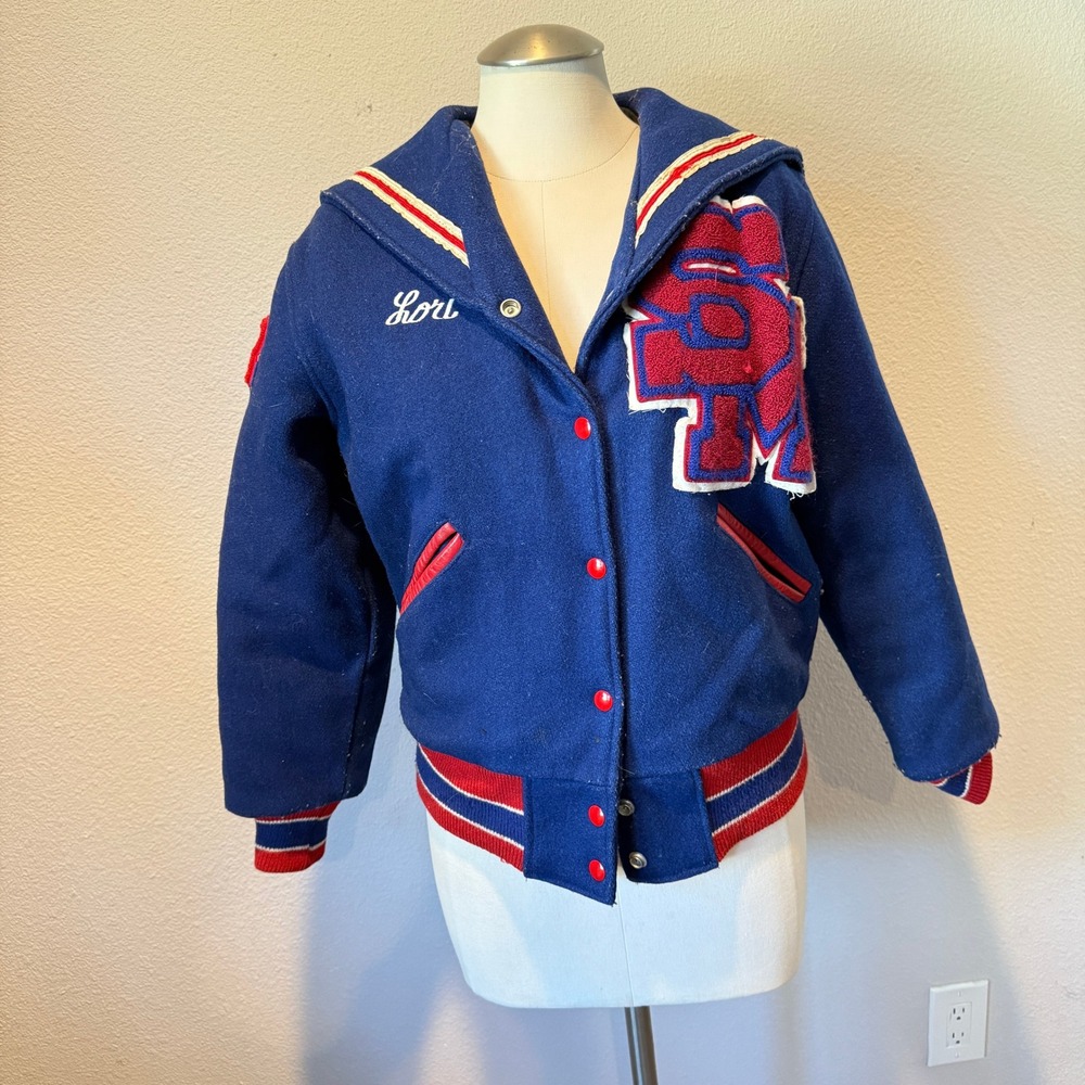 Vintage 1983 Trophy Jackets Blue Wool Varsity Sailor Collar Letterman Jacket S